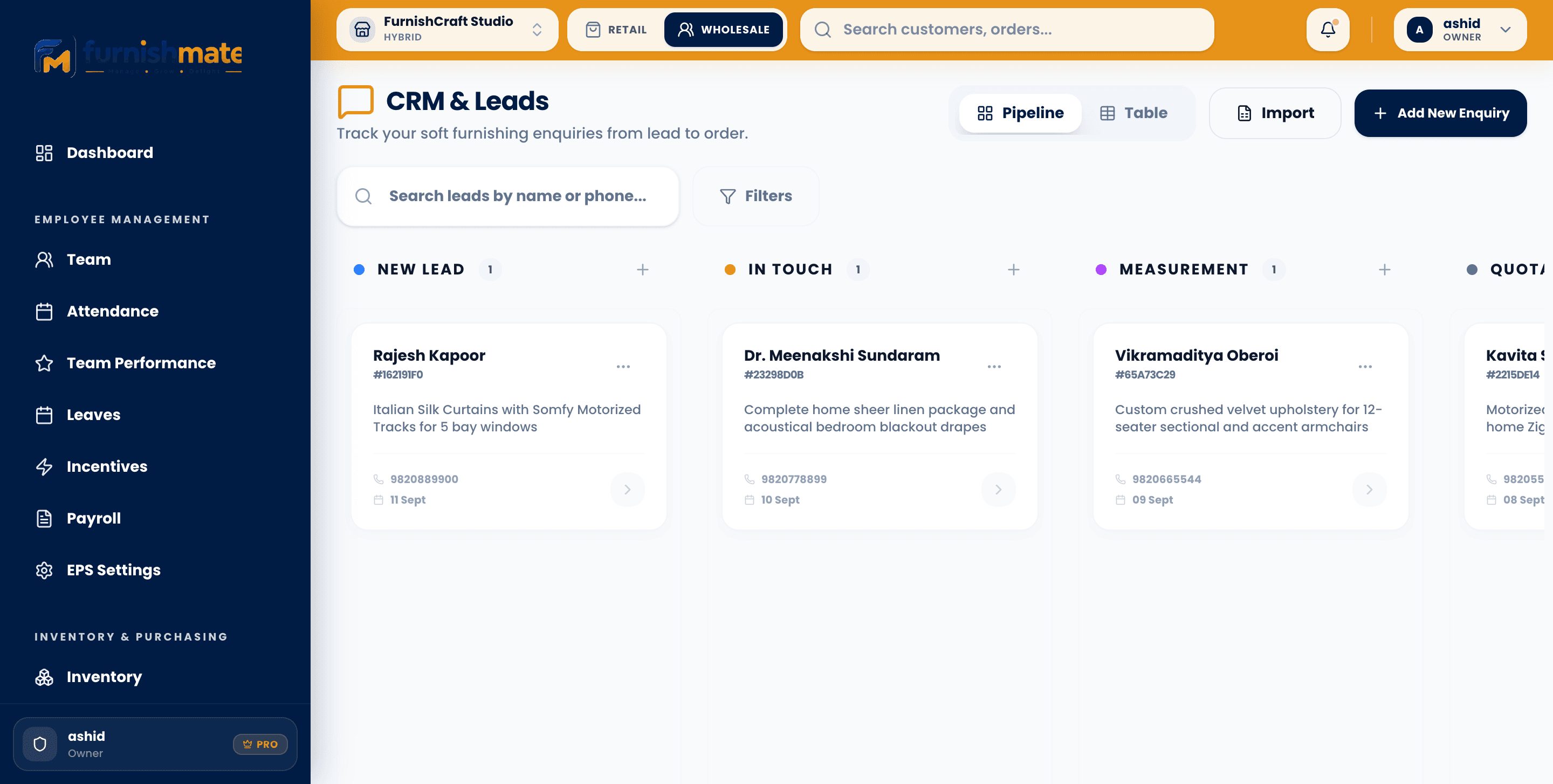 FurnishMate CRM & Leads module