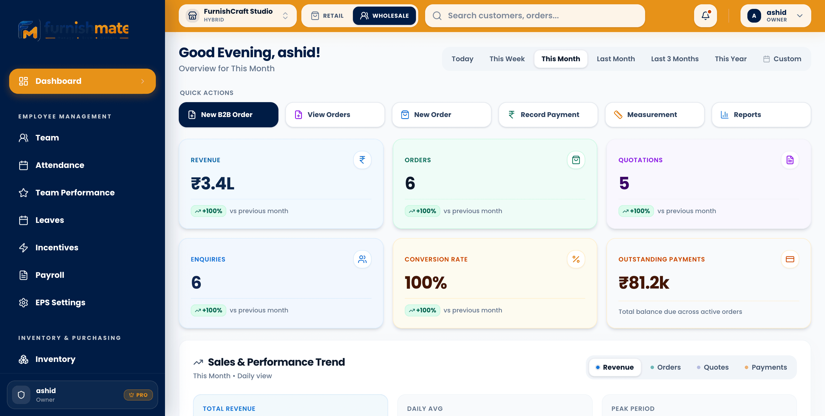 FurnishMate Real Dashboard — Soft Furnishing Business Super-Platform